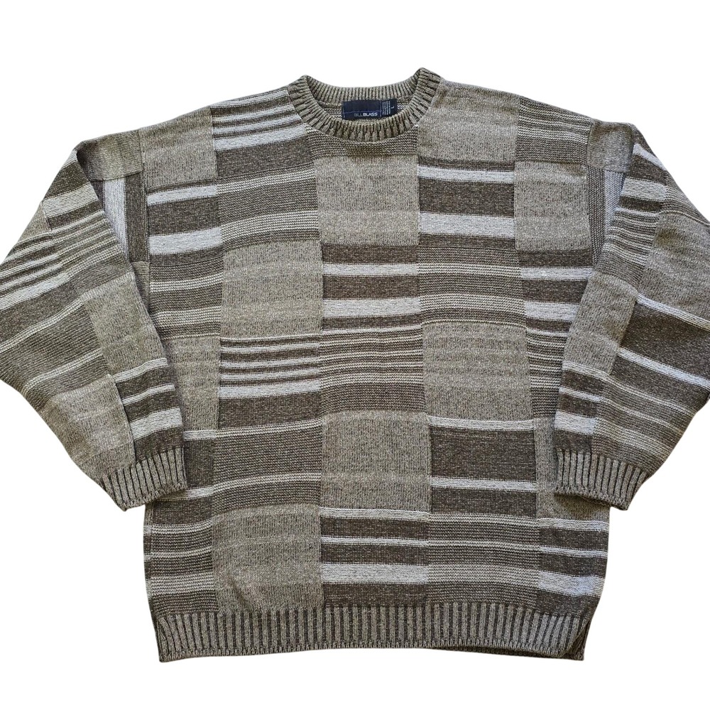 Vintage Bill‎ Blass Men's Size L Patchwork Stripe Sweater Brown Tan Made in USA